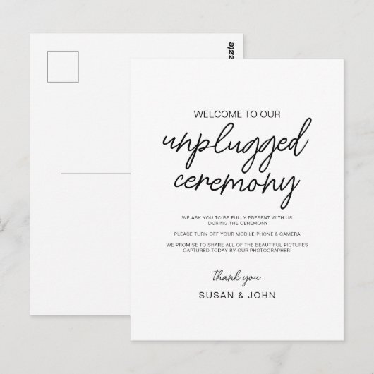Black & White Modern Unplugged Wedding Sign  Briefkaart (Voorkant / Achterkant)