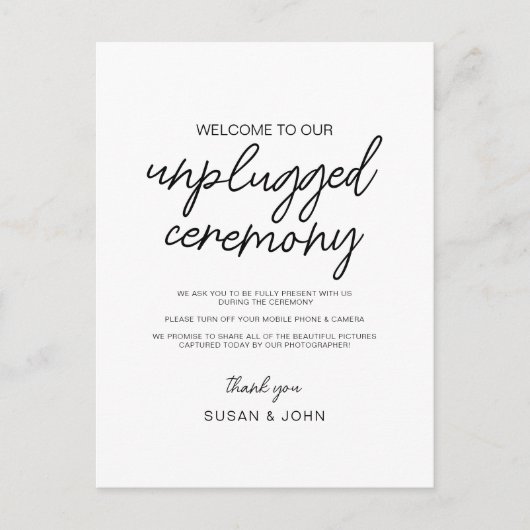 Black & White Modern Unplugged Wedding Sign  Briefkaart (Voorkant)