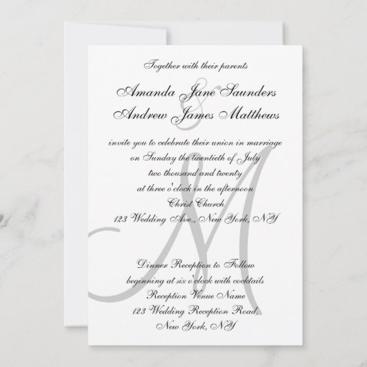 Black White Modern Wedding Initiaal Kaart (Achterkant)