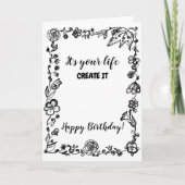 Black White Monochrome Boho Floral Doodle Birthday Kaart (Voorkant)