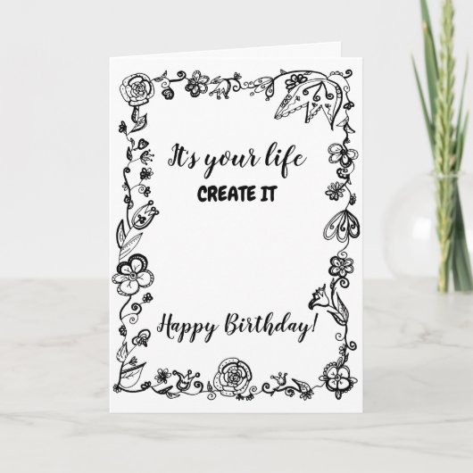 Black White Monochrome Boho Floral Doodle Birthday Kaart (Voorkant)