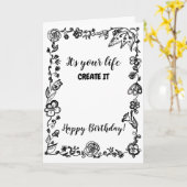 Black White Monochrome Boho Floral Doodle Birthday Kaart (Gele Bloem)