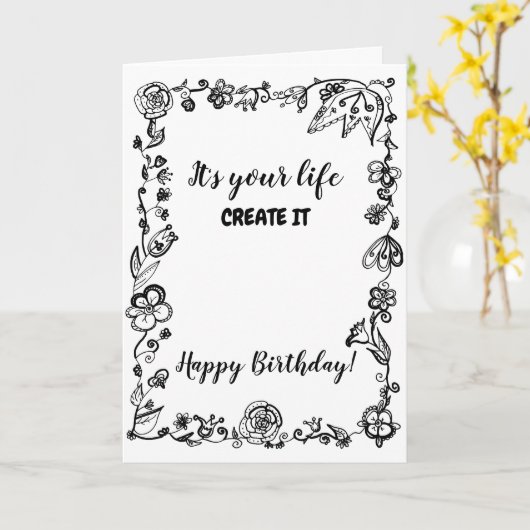Black White Monochrome Boho Floral Doodle Birthday Kaart (Gele Bloem)