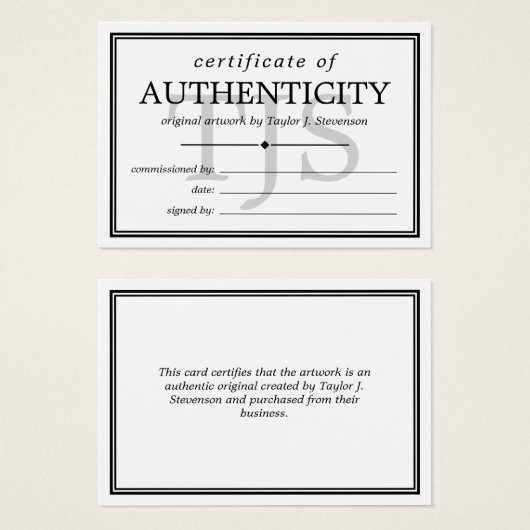 Black White Monogram Certificate of Authenticity Visitekaartje (Voorkant /achterkant)
