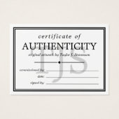 Black White Monogram Certificate of Authenticity Visitekaartje (Voorkant)