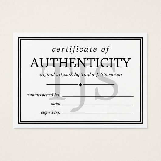 Black White Monogram Certificate of Authenticity Visitekaartje (Voorkant)