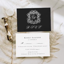 Black White Monogram Crest Elegant Wedding RSVP Kaartje