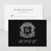 Black White Monogram Crest Elegant Wedding RSVP Kaartje (Voorkant / Achterkant)