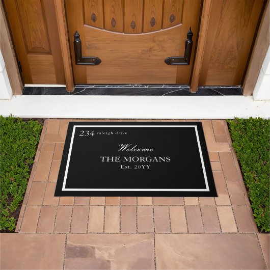 Black White Monogram Family Name House Number Deurmat (Buiten)
