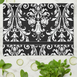 Black White Monogram Floral Swirl Damask Theedoek