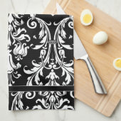 Black White Monogram Floral Swirl Damask Theedoek (Quarter Fold)