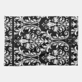 Black White Monogram Floral Swirl Damask Theedoek (Horizontaal)