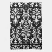 Black White Monogram Floral Swirl Damask Theedoek (Verticaal)