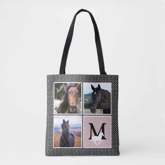 Black White Monogram Horse Foto Tote Bag (Voorkant)