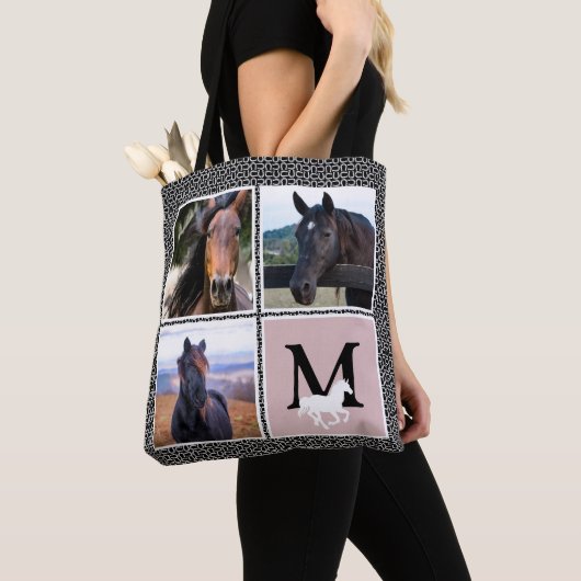 Black White Monogram Horse Foto Tote Bag (Dichtbij)