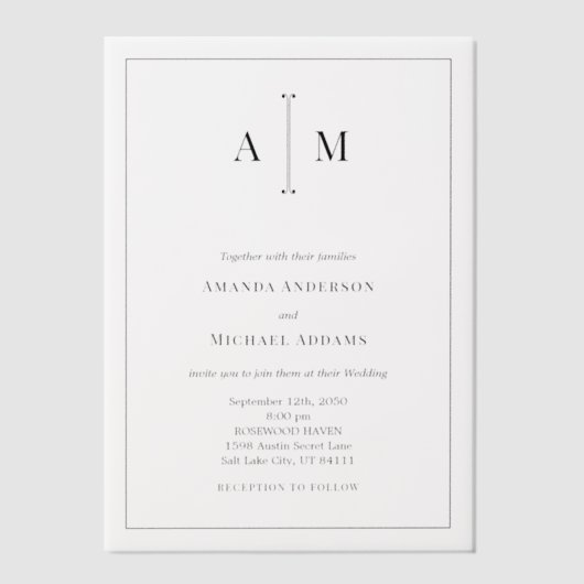 Black White Monogram Minimal Simple Border Wedding Vellum Uitnodigingen (Voorkant)