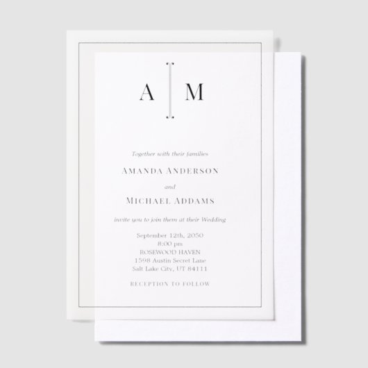 Black White Monogram Minimal Simple Border Wedding Vellum Uitnodigingen (Offset)