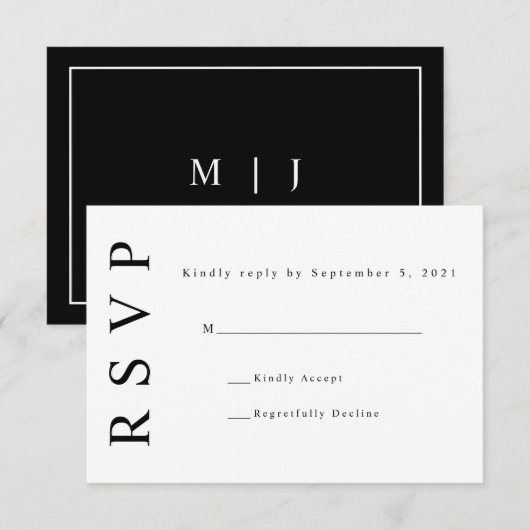 Black White Monogram Minimalist Wedding RSVP Kaart (Voorkant / Achterkant)