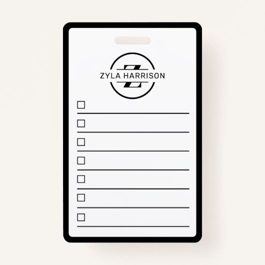 Black White Monogram Name To Do List Whiteboard Badge (Voorkant)