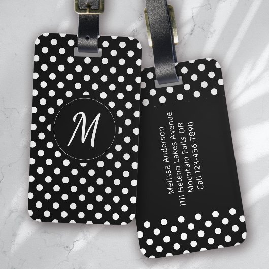 Black White Monogram Polka Dots Bagagelabel