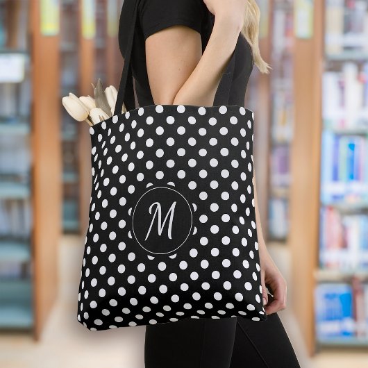 Black White Monogram Polka Dots Tote Bag