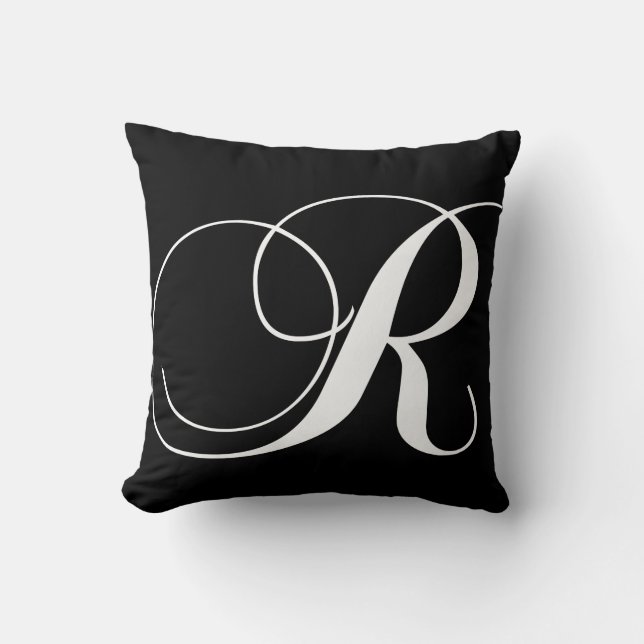 Black White Monogram R Designer Monogrammed Pillow Kussen (Voorkant)