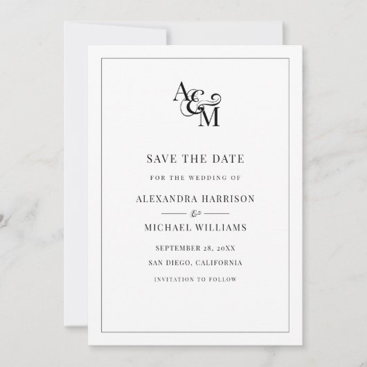 Black White Monogram Simple Elegant Modern Wedding Save The Date (Voorkant)