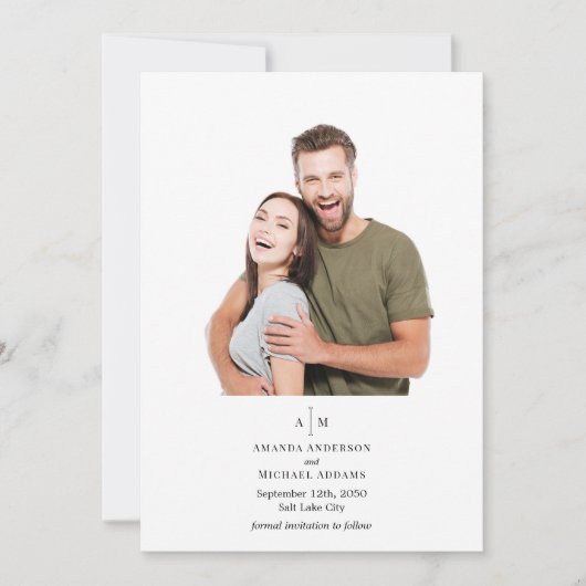  Black White Monogram Simple Minimal Wedding Photo Save The Date (Voorkant)