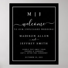 Black White Monogram Unplugged Weddenbord Poster