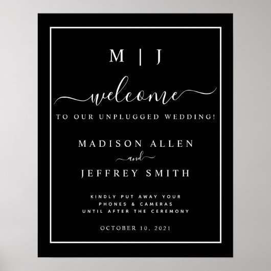 Black White Monogram Unplugged Weddenbord Poster (Voorkant)