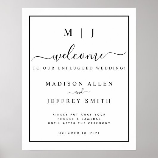 Black White Monogram Unplugged Weddenbord Poster (Voorkant)