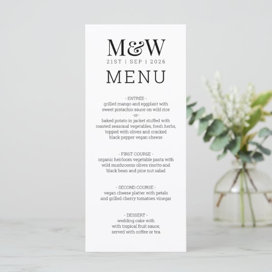 Black White Monogram Weddenschap Menu (Staand voorkant)