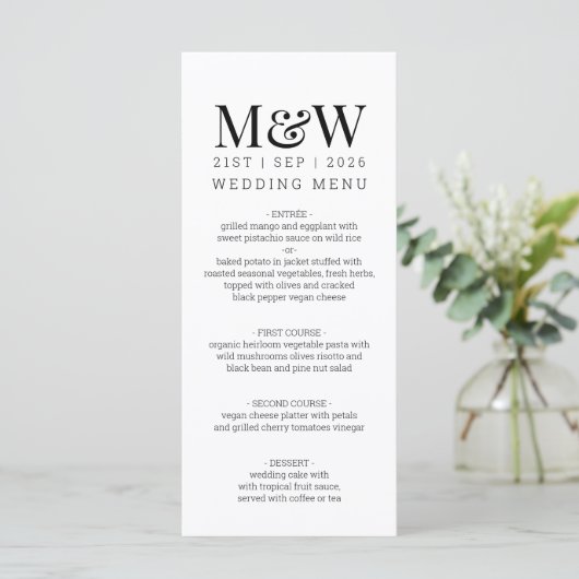Black White Monogram Weddenschap Menu (Staand voorkant)