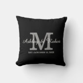 Black White Monogram Weddenschap Namen Datum Kussen (Voorkant)