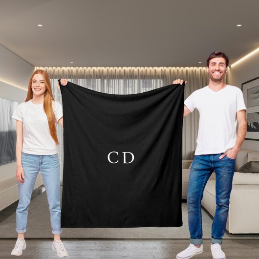 Black white monogrammed initials modern fleece deken