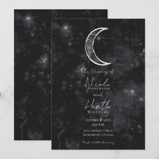 Black White Moon Celestial Night Starry Wedding Kaart (Voorkant / Achterkant)
