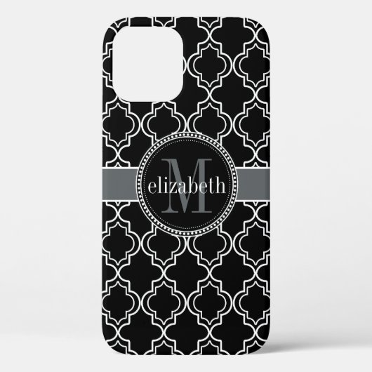 Black White Moroccan Quatrefoil Monogram Case-Mate iPhone Case (Achterkant)
