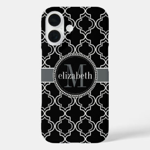 Black White Moroccan Quatrefoil Monogram iPhone 16 Hoesje