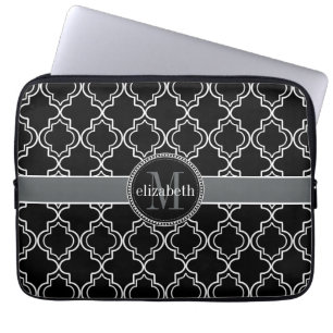 Black White Moroccan Quatrefoil Monogram Laptop Sleeve