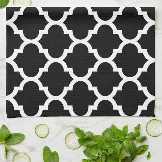 Black White Moroccan Quatrefoil Pattern #5 Theedoek (Gevouwen)