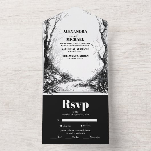 Black White Mountain Forest bruiloft All In One Uitnodiging (Binnen)