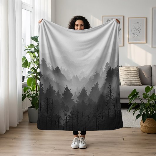 Black & White Mountain Forest Landschap Minimalist Fleece Deken