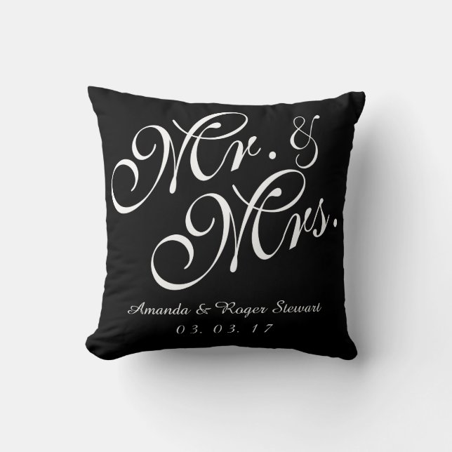 Black & White Mr en Mrs Wedding Pillow Kussen (Voorkant)