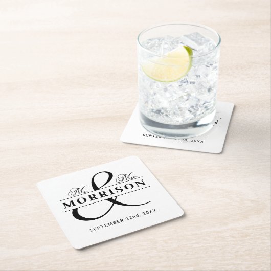 Black White Mr. Mrs. Monogram Trouwen Kartonnen Onderzetters (Insitu)