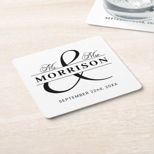 Black White Mr. Mrs. Monogram Trouwen Kartonnen Onderzetters (Schuin)