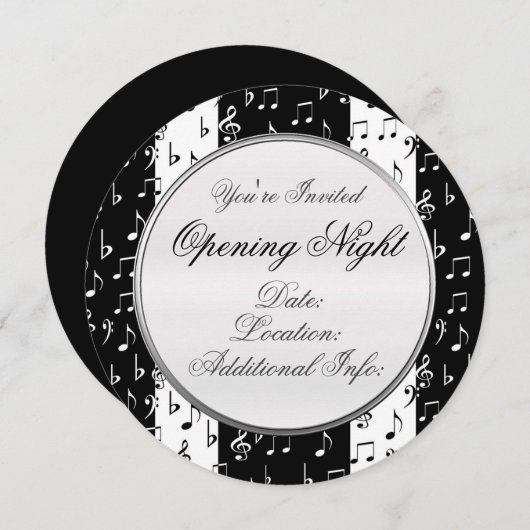 Black & White Musical Stripes Round Invitation 2 Kaart (Voorkant / Achterkant)