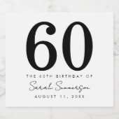 Black White Name Date Sixty 60th Birthday Party Sparkling Wijnetiket (Enkel label)