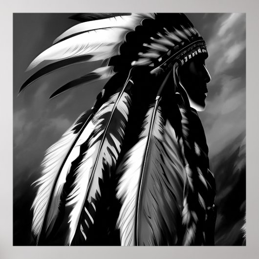 Black White Native American Indian Man Poster (Voorkant)