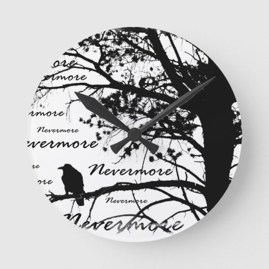 Black & White Nevermore Raven Silhouette Ronde Klok (Voorkant)