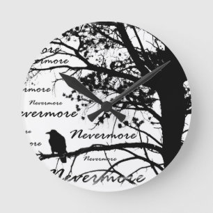 Black & White Nevermore Raven Silhouette Ronde Klok
